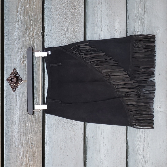 Vintage CACHE x EREZ LEVY Black Suede Leather Fringe Wrap Skirt sz 8 Women's VTG - Picture 3 of 6